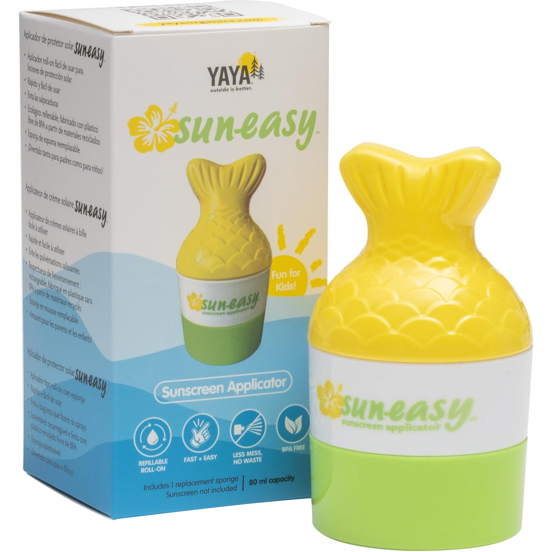 Yaya Organics Sun-Easy Sunscreen Applicator, Refillable Roll-On With Sponge For Kids And Babies, Fun, Fast And Mess-Free Application, Holds 80 Ml, Fish/Green Cap