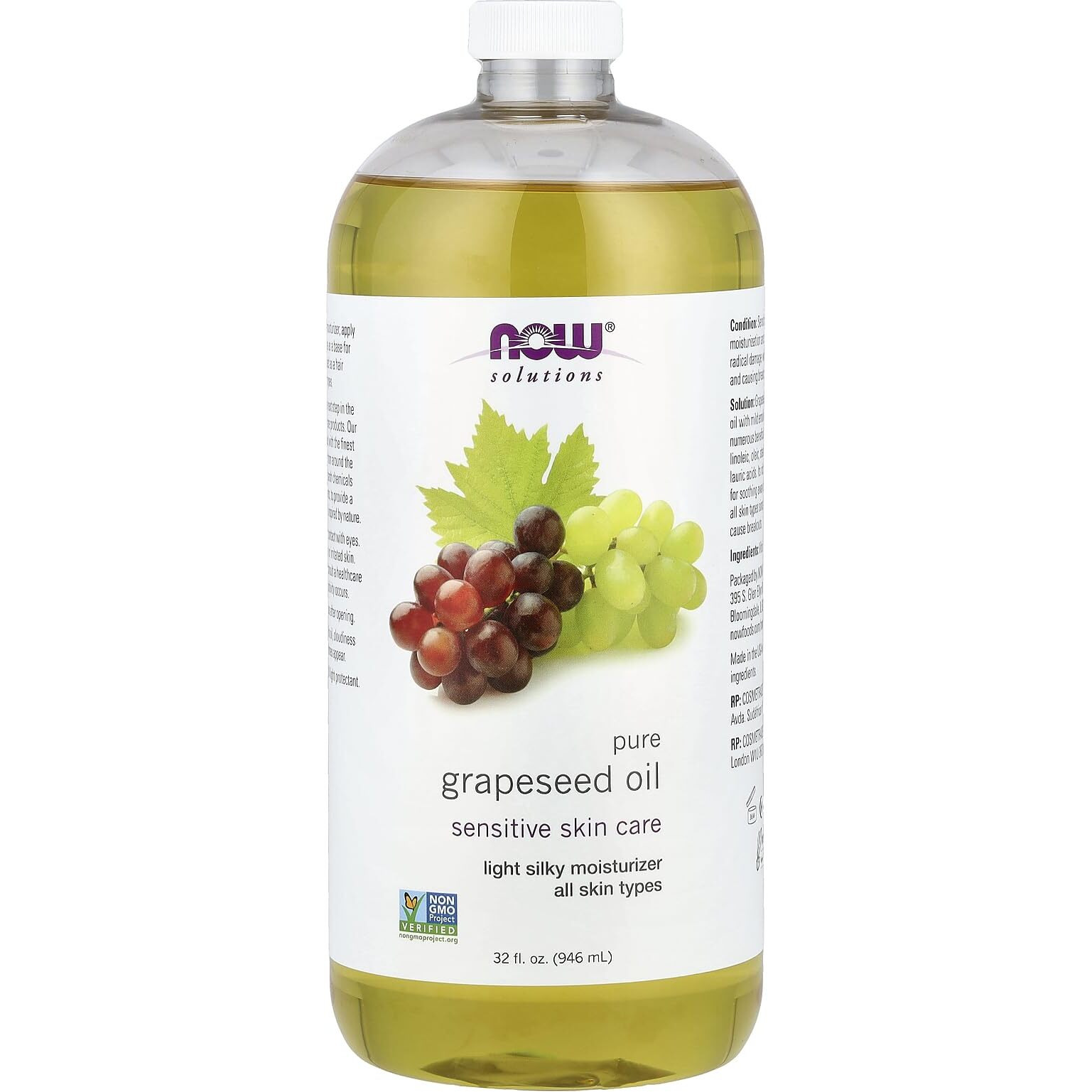 Now Solutions, Grapeseed Oil, Skin Care For Sensitive Skin, Light Silky Moisturizer For All Skin Types, 32-Ounce