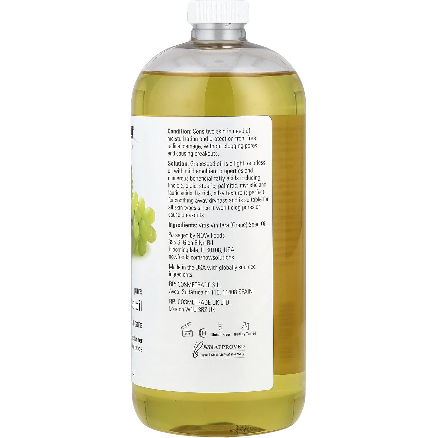 Now Solutions, Grapeseed Oil, Skin Care For Sensitive Skin, Light Silky Moisturizer For All Skin Types, 32-Ounce