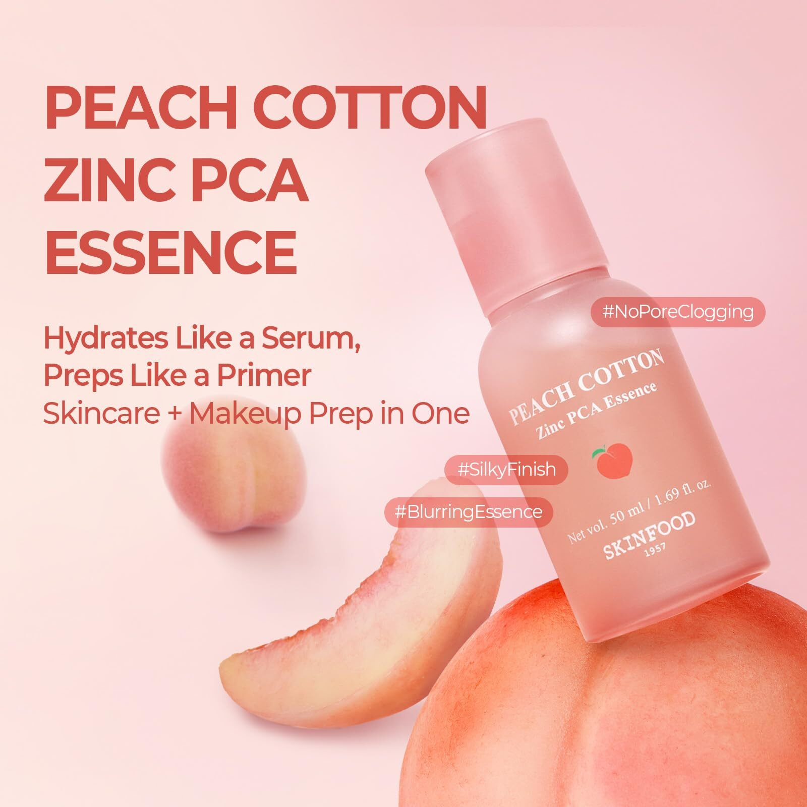 Skinfood Peach Cotton Zinc Pca Essence Serum Primer, Korean Skin Care Makeup Prep Hybrid Face Serum, Blurring Matte, Sebum & Oil Control, Hydrating Primer For Sensitive, Oily Skin (1.69 Fl. Oz.)
