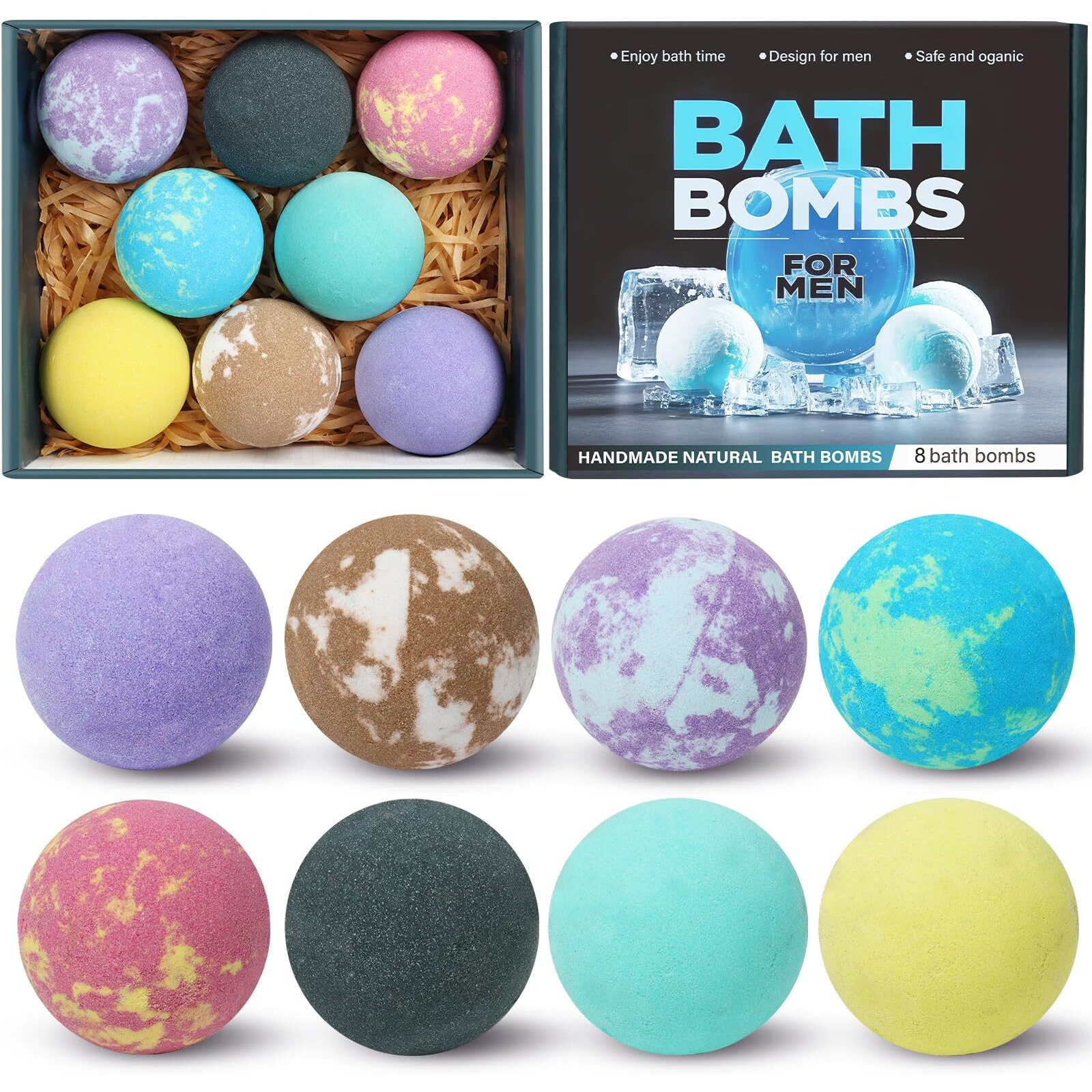 Bath Bombs For Men, 8 Pack Organic Bath Bombs Set With Natural Essential Oils, Relaxing Gifts For Men & Women, Father's Day Birthday Easter Gift For Husband Boyfriend