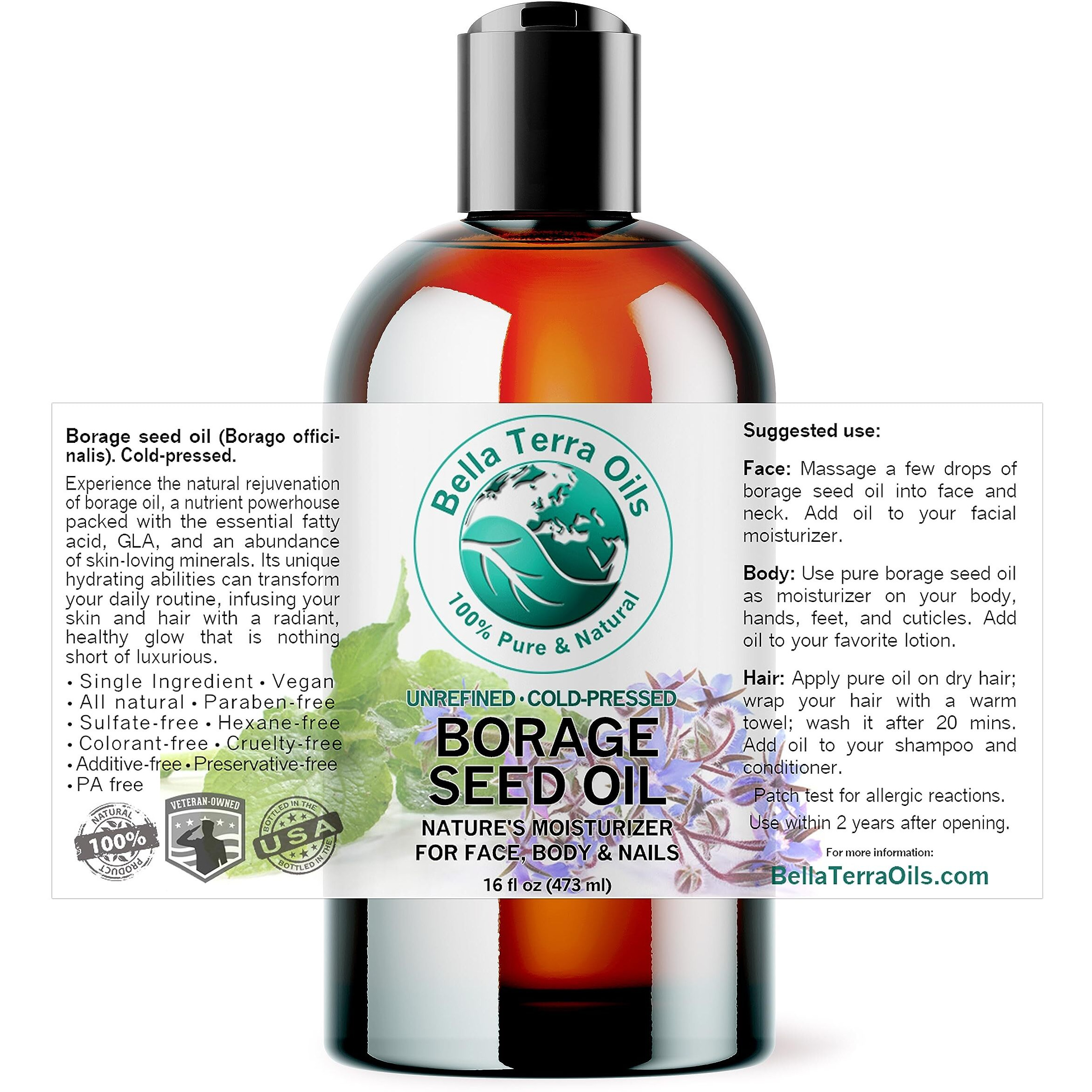 Bella Terra Oils - Organic Borage Seed Oil 16 Oz - Unveiling The Power Of Gla & Vital Vitamins, Pure Nourishment, Elevate Every Skin Care Routine
