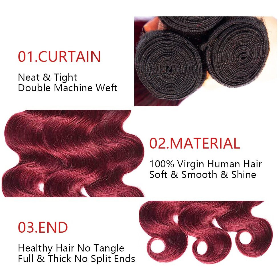 1B99J Ombre Body Wave Bundle Burgundy Human Hair Bundle 100% Unprocessed Virgin Hair Brazilian Double Weft Extensions Wine Red Color 28 Inch For Women