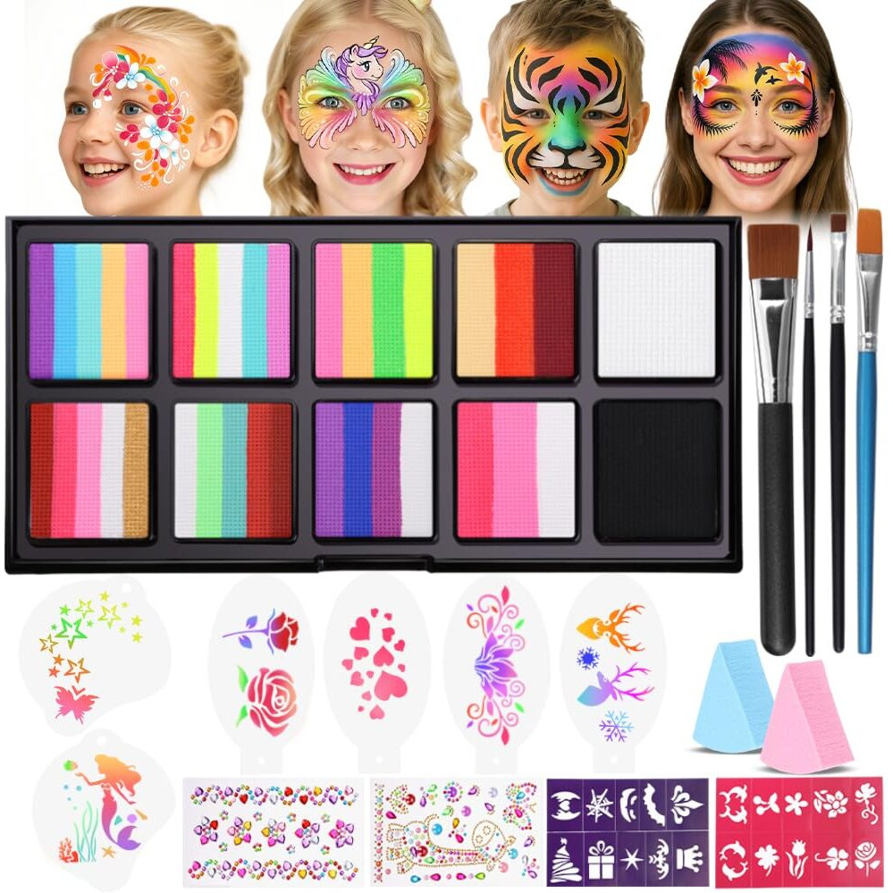 Janolia Face Painting Kit For Kids, Rainbow Face Paint Kit, Water Activated Face Paint, Macaron Color Split Cake Body Paint, Ideal Facepaint Makeup Kit For Kids Party Halloween Carnival Easter