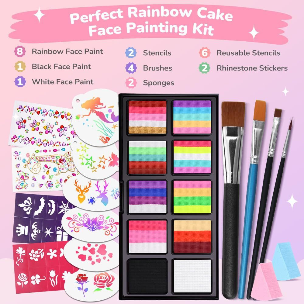 Janolia Face Painting Kit For Kids, Rainbow Face Paint Kit, Water Activated Face Paint, Macaron Color Split Cake Body Paint, Ideal Facepaint Makeup Kit For Kids Party Halloween Carnival Easter