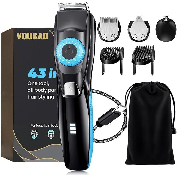 Voukad Beard Mustache Trimmer With 3 Attachments, 40 Adjustable Precisions, Waterproof, 240 Min Runtime - Personal Body Hair Trimmer For Men & Women Gift Choice (Light Blue)