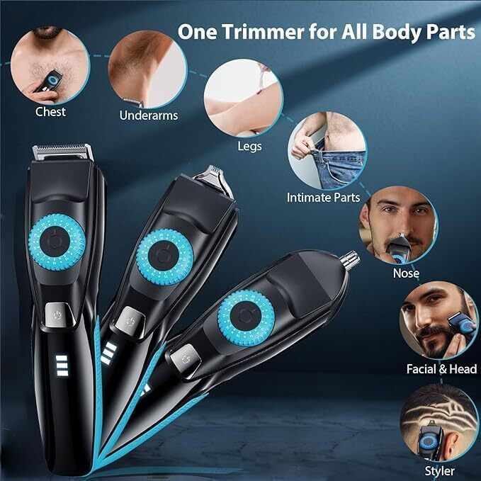 Voukad Beard Mustache Trimmer With 3 Attachments, 40 Adjustable Precisions, Waterproof, 240 Min Runtime - Personal Body Hair Trimmer For Men & Women Gift Choice (Light Blue)