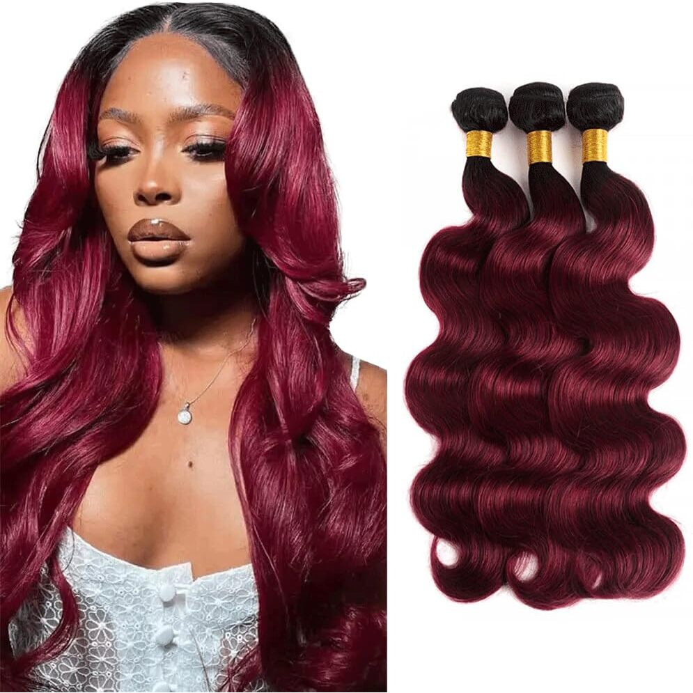 1B99J Burgundy Bundle Ombre Body Wave Human Hair Bundles Two Tone Black And Wine Red Bundles Human Hair Weave 18 20 22 Inch Emprie Burgundy Bundle