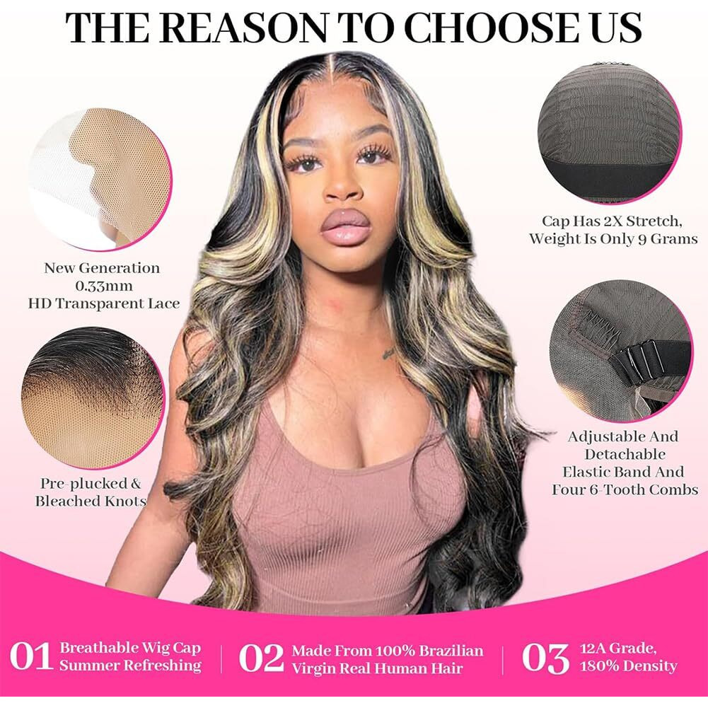 Erqq 1B/27 Highlight Body Wave Lace Front Wigs Human Hair 13X6 Hd Lace Pre Plucked Glusless Wig 32 Inch 180 Density Ombre Colored