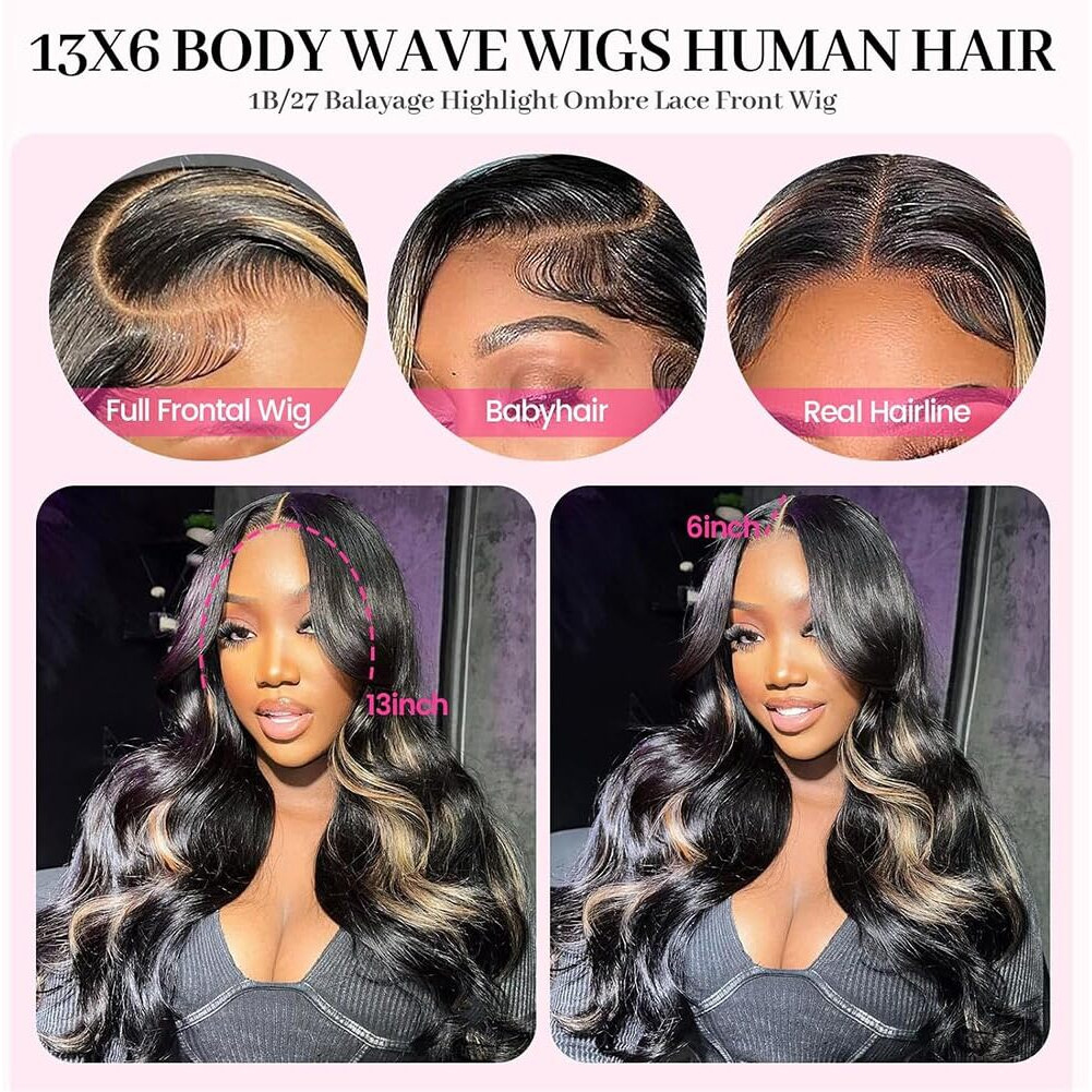 Erqq 1B/27 Highlight Body Wave Lace Front Wigs Human Hair 13X6 Hd Lace Pre Plucked Glusless Wig 32 Inch 180 Density Ombre Colored