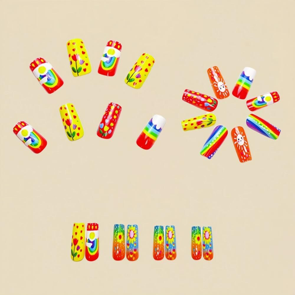 Rainbow Press On Nails Medium Square False Nails With Sun Design Colorful Flower Fake Nails Cute Cloud Glue On Nails Glossy Summer Stick On Nails Reusable Acrylic Nails For Women Girls Manicure 24Pcs