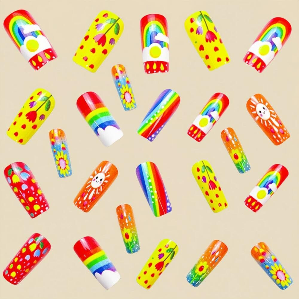 Rainbow Press On Nails Medium Square False Nails With Sun Design Colorful Flower Fake Nails Cute Cloud Glue On Nails Glossy Summer Stick On Nails Reusable Acrylic Nails For Women Girls Manicure 24Pcs