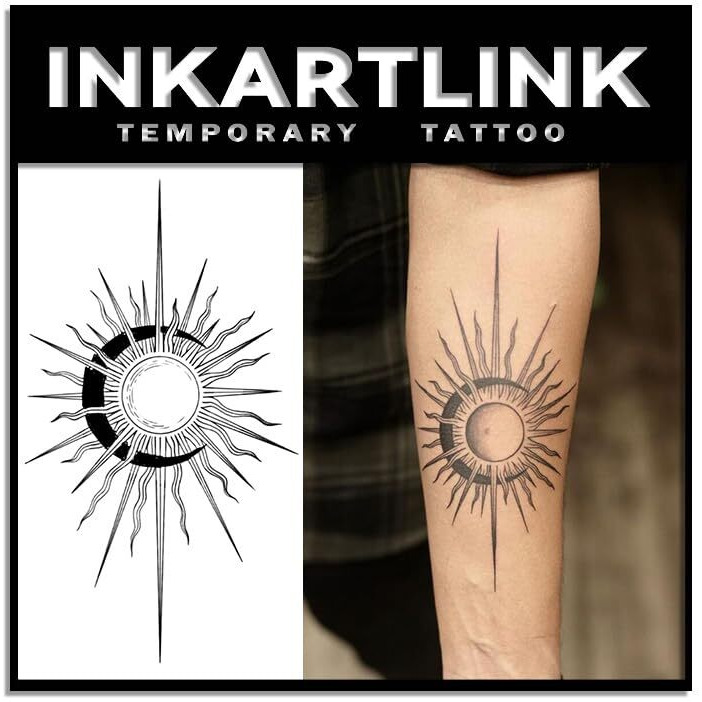 Inkartlink Tattoo Tech, 2 Sheets Medium Semi Permanent Tattoo, Adult Art Design Temporary Tattoos, Lasts 1-2 Weeks, Waterproof, Realistic Look, No Reflection (Geometric Sun)