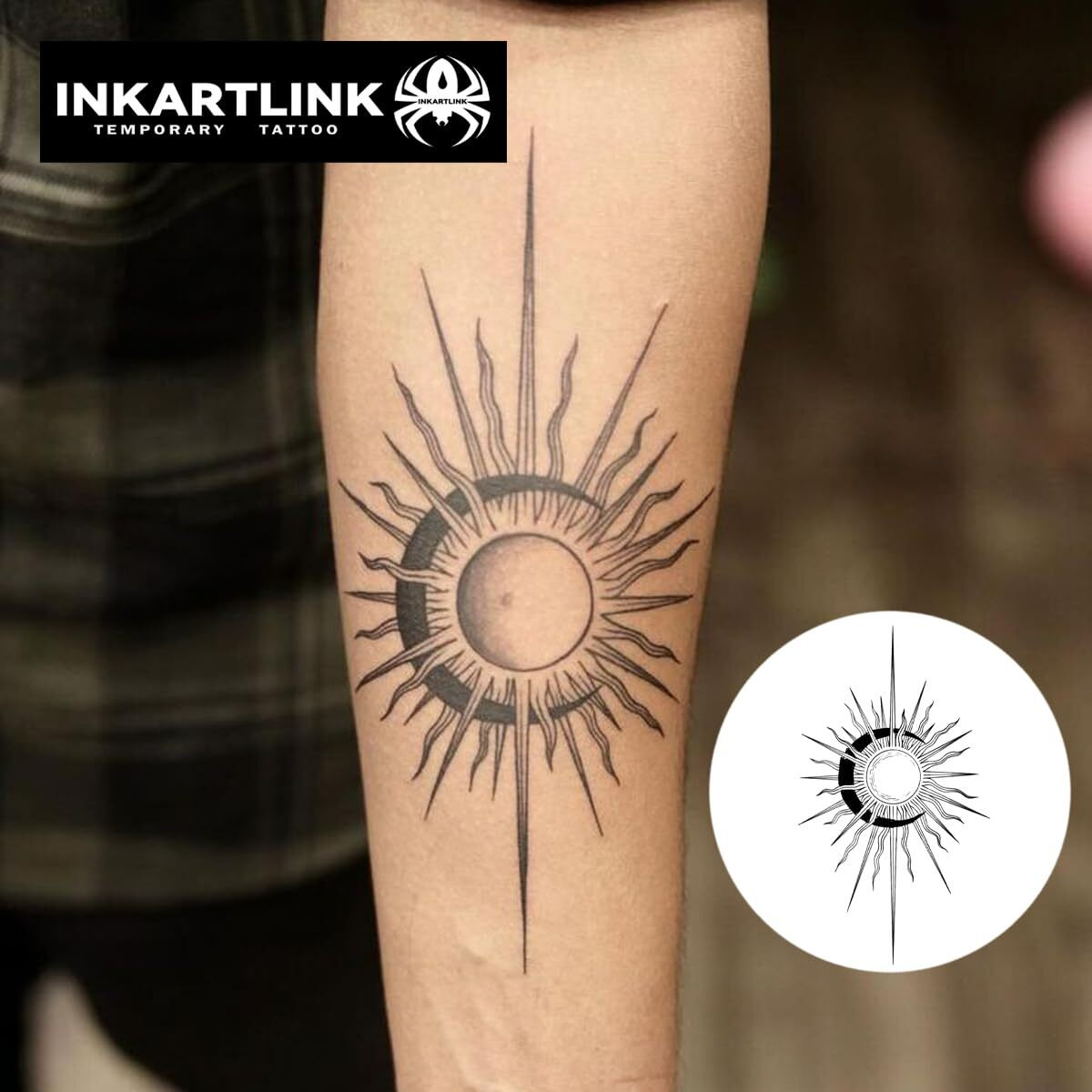 Inkartlink Tattoo Tech, 2 Sheets Medium Semi Permanent Tattoo, Adult Art Design Temporary Tattoos, Lasts 1-2 Weeks, Waterproof, Realistic Look, No Reflection (Geometric Sun)