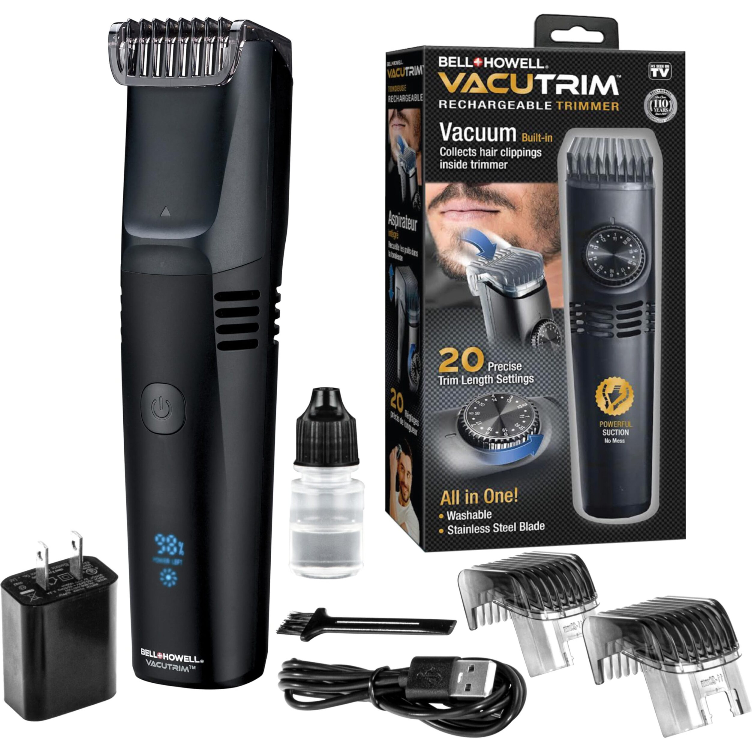 Bell+Howell Vacutrim Deluxe Cordless Mens Beard Trimmer, Rechargeable Electric Shaver With 20 Trim Setting And Built-In Vacuum For Mustache, Sideburns. Facial Hair, Black, 7.5"", As Seen On Tv
