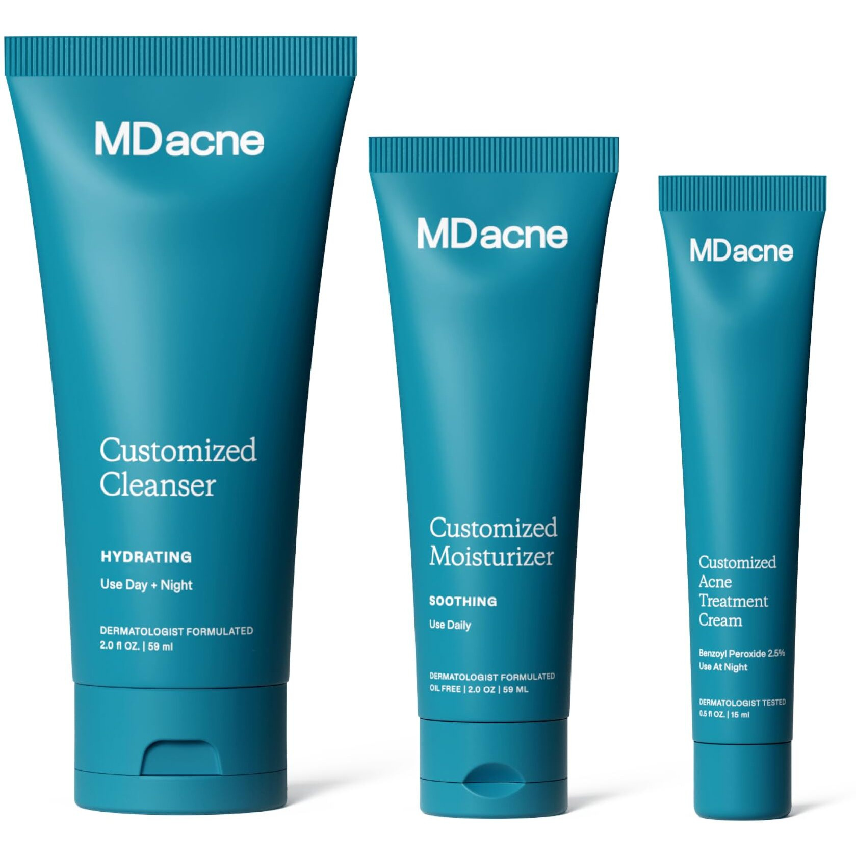 Mdacne 3 Step Benzoyl Peroxide Acne Treatment Kit - Benzoyl Peroxide Cream 2.5%, Salicylic Acid Cleanser, Niacinamide Moisturizer - Medicated Plant-Based Kit For Adult & Teen Acne, 30 Day Acne Kit