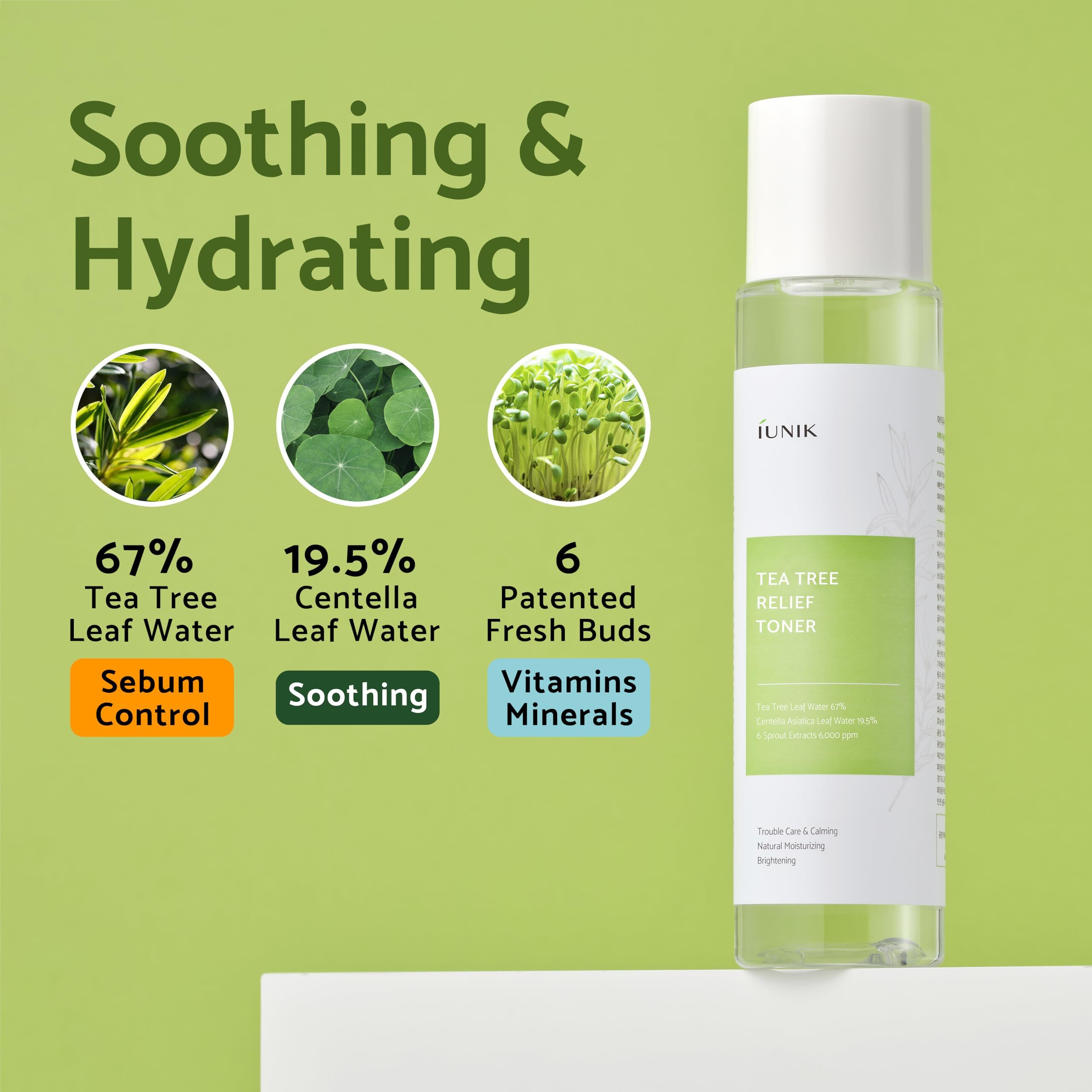 Iunik Tea Tree Relief Vegan Face Toner - Facial Moisturizer Acne-Prone Irritated Skin W Tea Tree 67% Centella Asiatica 19.5% 6.7 Fl Oz Sensitive Skin Breakout Rosacea Blemish Plant-Based Ingredients