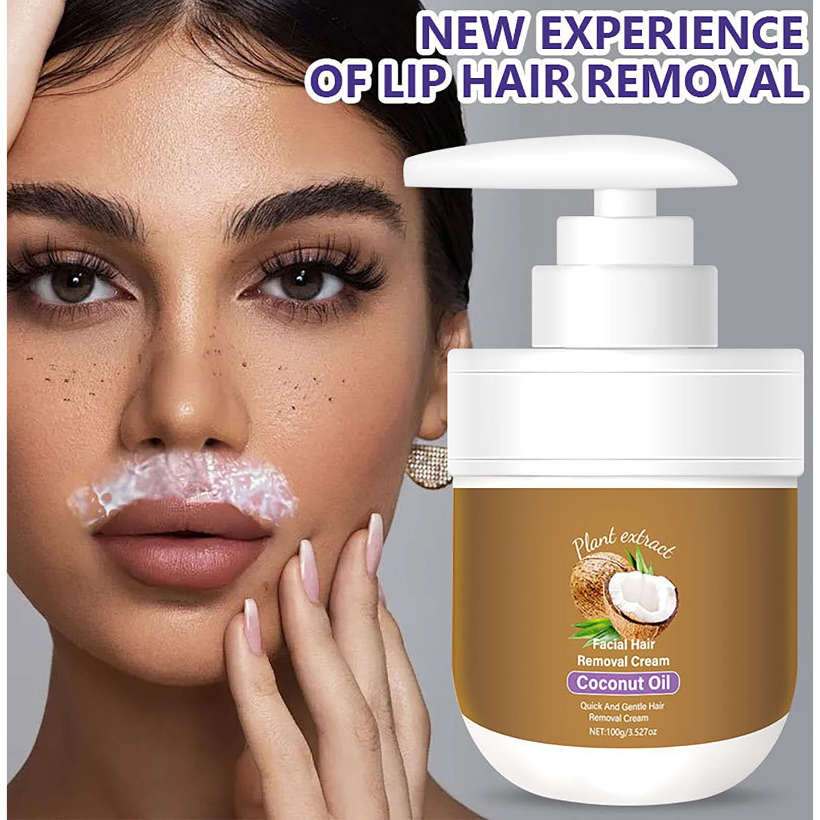Facial Depilatory Cream, Coconut Facial Hair Removal Cream For Women For Upper Lip And Chin For Women For Sensitive Skin, Gentle And Non-Irritating 3.52 Fl.Oz