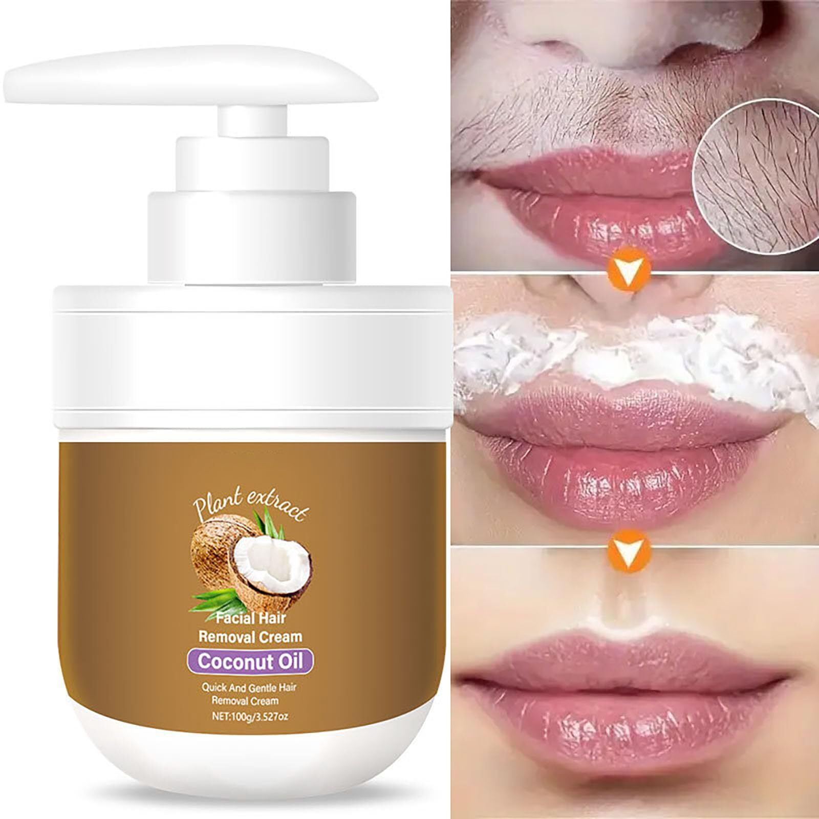 Facial Depilatory Cream, Coconut Facial Hair Removal Cream For Women For Upper Lip And Chin For Women For Sensitive Skin, Gentle And Non-Irritating 3.52 Fl.Oz