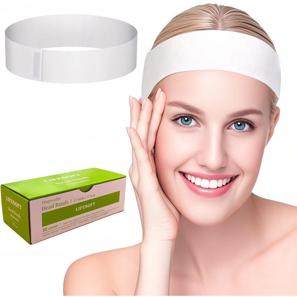 Lifesoft Disposable Facial Spa Headbands Elastic Hair Wrap With Closure Box Of 50
