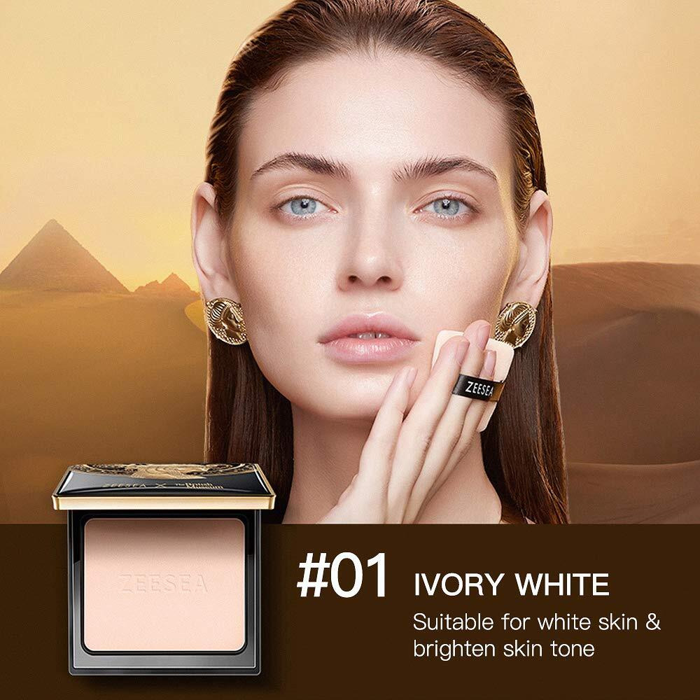Zeesea Pressed Powder The British Museum Egypt Series Long Lasting Oil Control Facial Finishing Brighten Setting Powder Multi-Use Foundation (01 Ivory White)