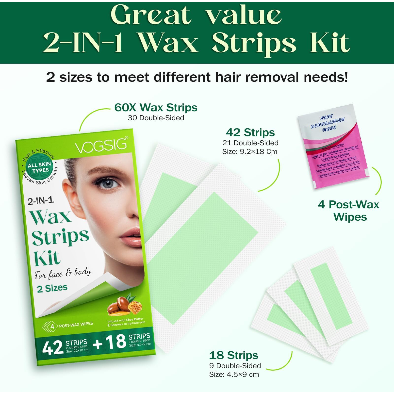 Facial Wax Strips For Hair Removal,Facial Hair Removal For Women,Facial Wax Strips, Hypoallergenic For All Skin Types-60 Women Wax Strips