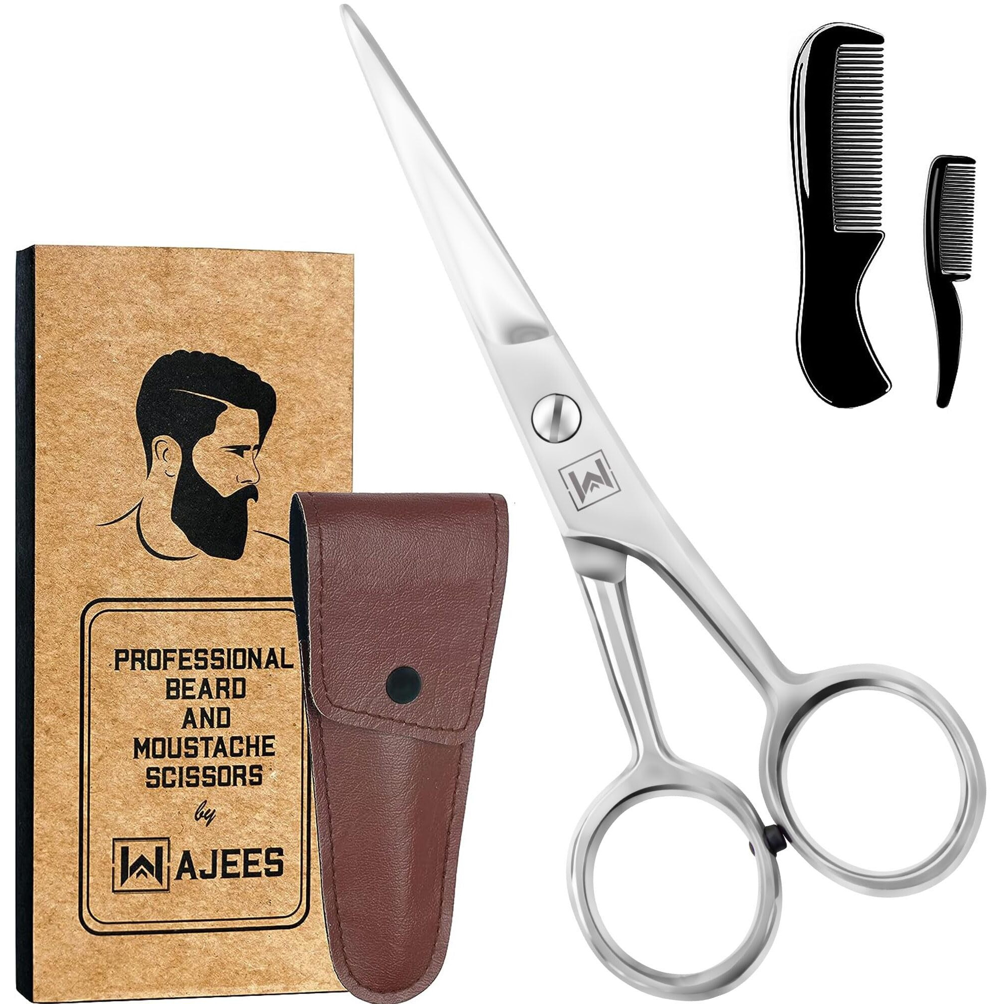 Wajees Beard Scissors For Men A Complete Set Of Grooming Scissors Mens With 1 Mustache Comb, & 1 Comb For Beard Trimming In A Carrying Pouch Facial Hair Scissors Perfect Mustache Scissors For Men