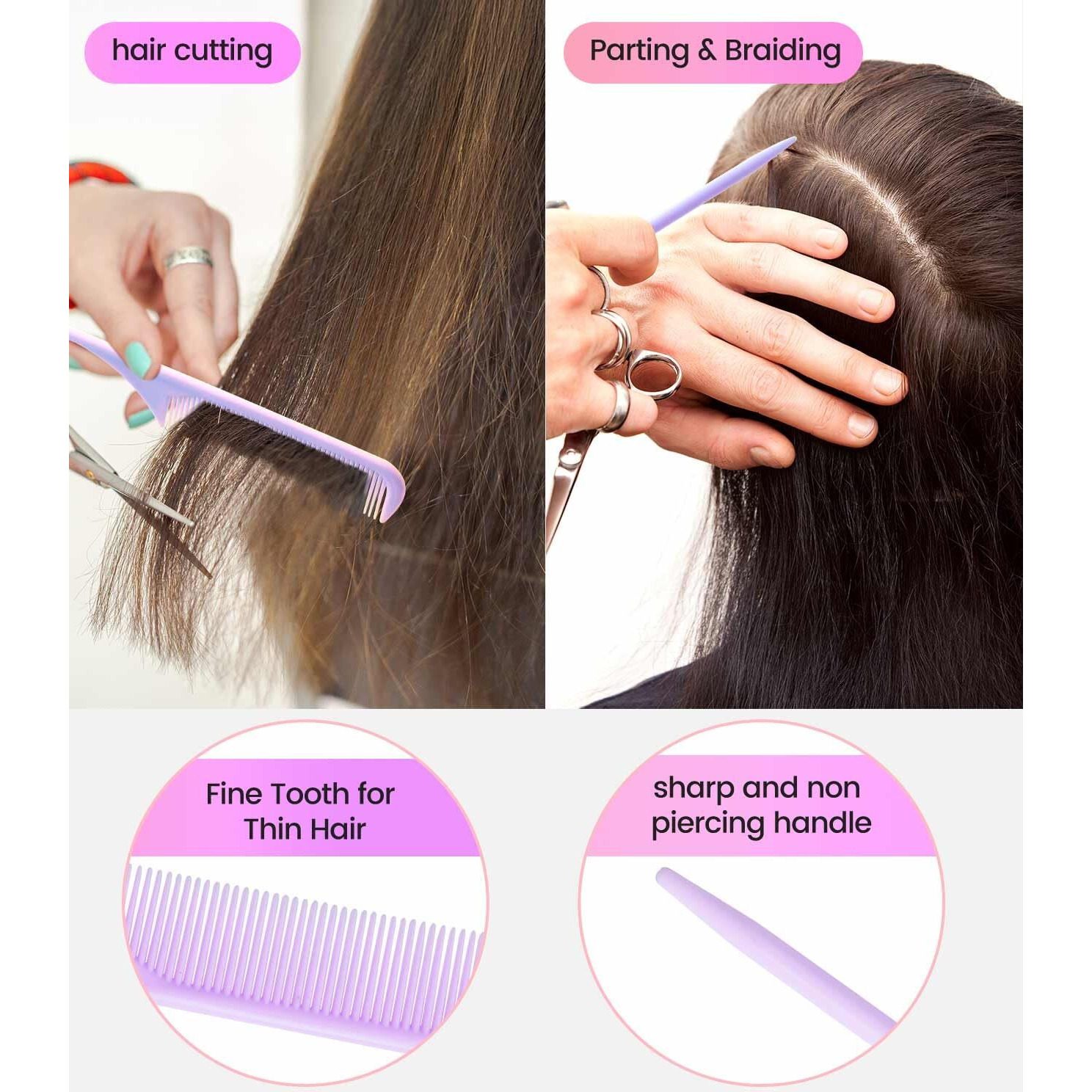 6Pcs Professional Hair Comb Set For Women & Men Rat Tail, Wide & Fine Tooth Combs For Curly Hair, Braiding, Barber Styling, Cutting & Parting (Purple)