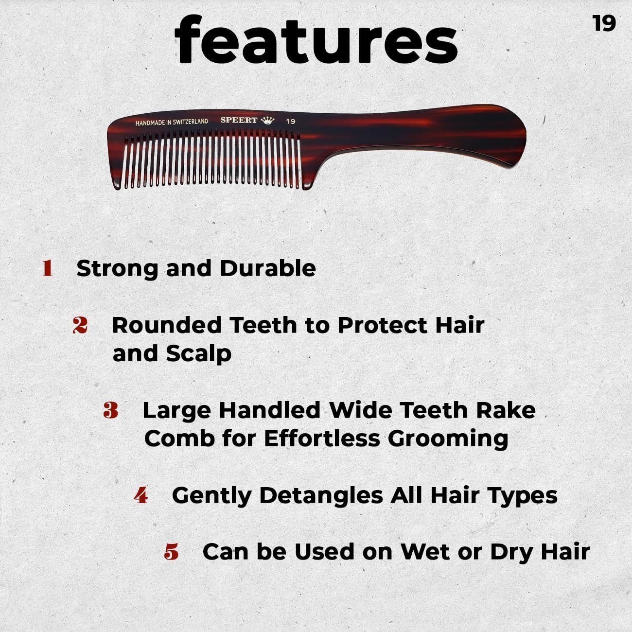 Speert 19 Handmade Wide Tooth Rake Comb Tortoise Havana Acetate Large Handle Thick Coarse Curly Hair Detangling Parting Grooming Teasing Hair Styling Hairdresser Barber Hairdressing Wet Dry Pocket