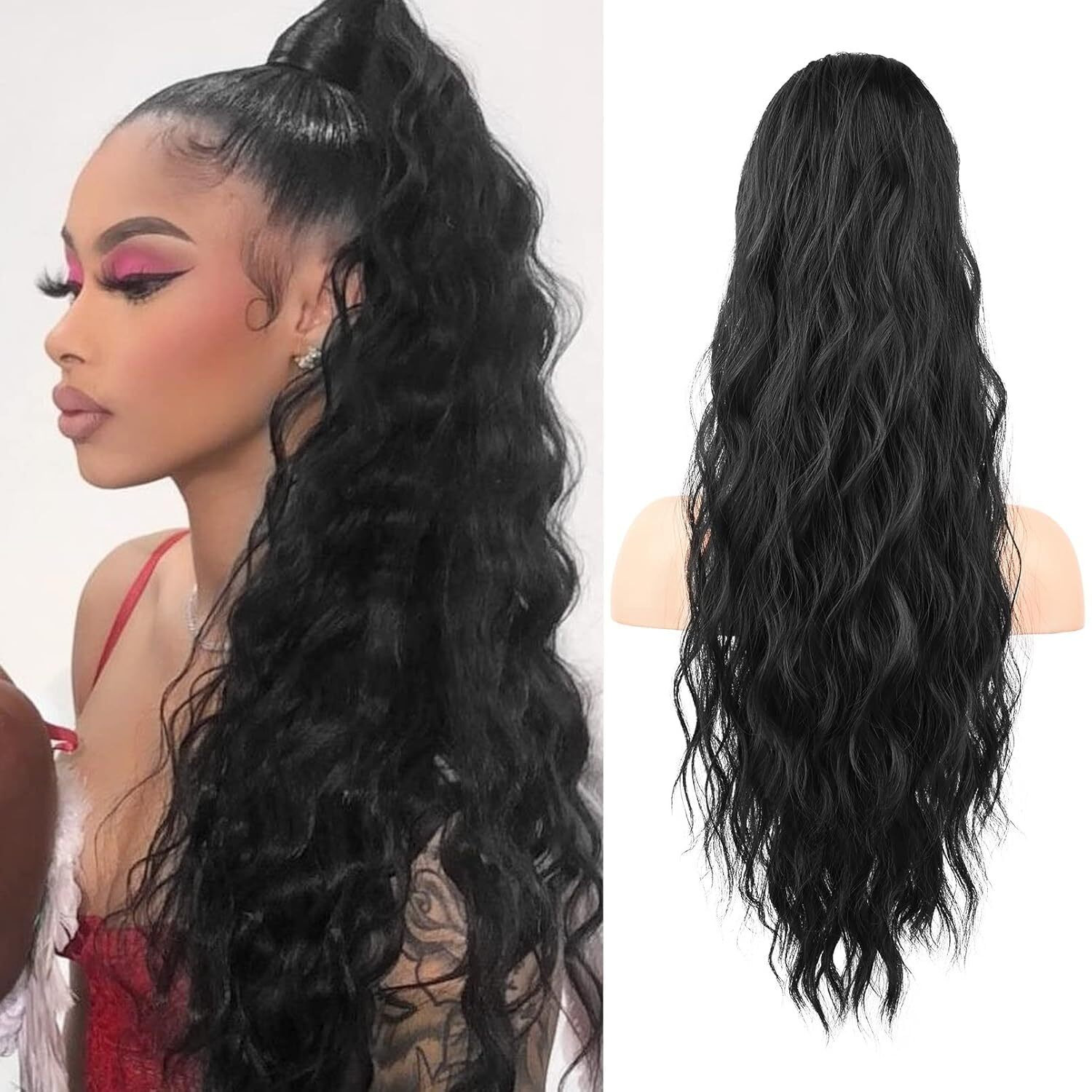 100% Real Human Hair Ponytail Wrap Around Hair Extensions Water Wave, Magic Paste Natural Wavy Deep Curly Ponytail For Black Women (Curly, 22 Inch)