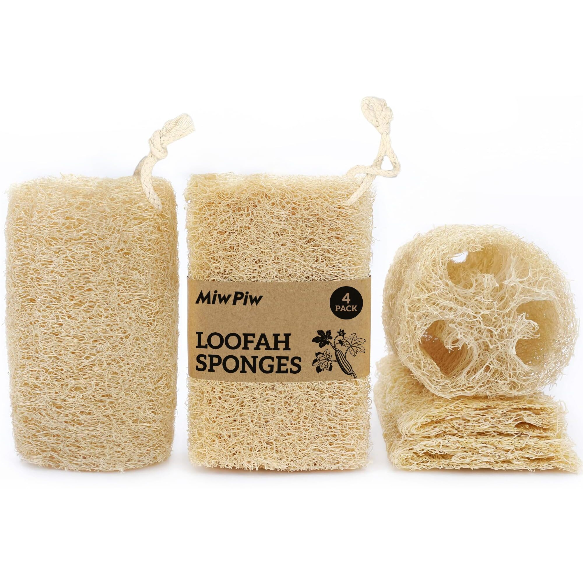 Natural Loofah Exfoliating Body Scrubber (Pack 4), Loofah Shower Sponge, Luffa For Exfoliating & Smooth Skin Cleansing, Women And Men, 100% Biodegradable Compostable, Dye Free