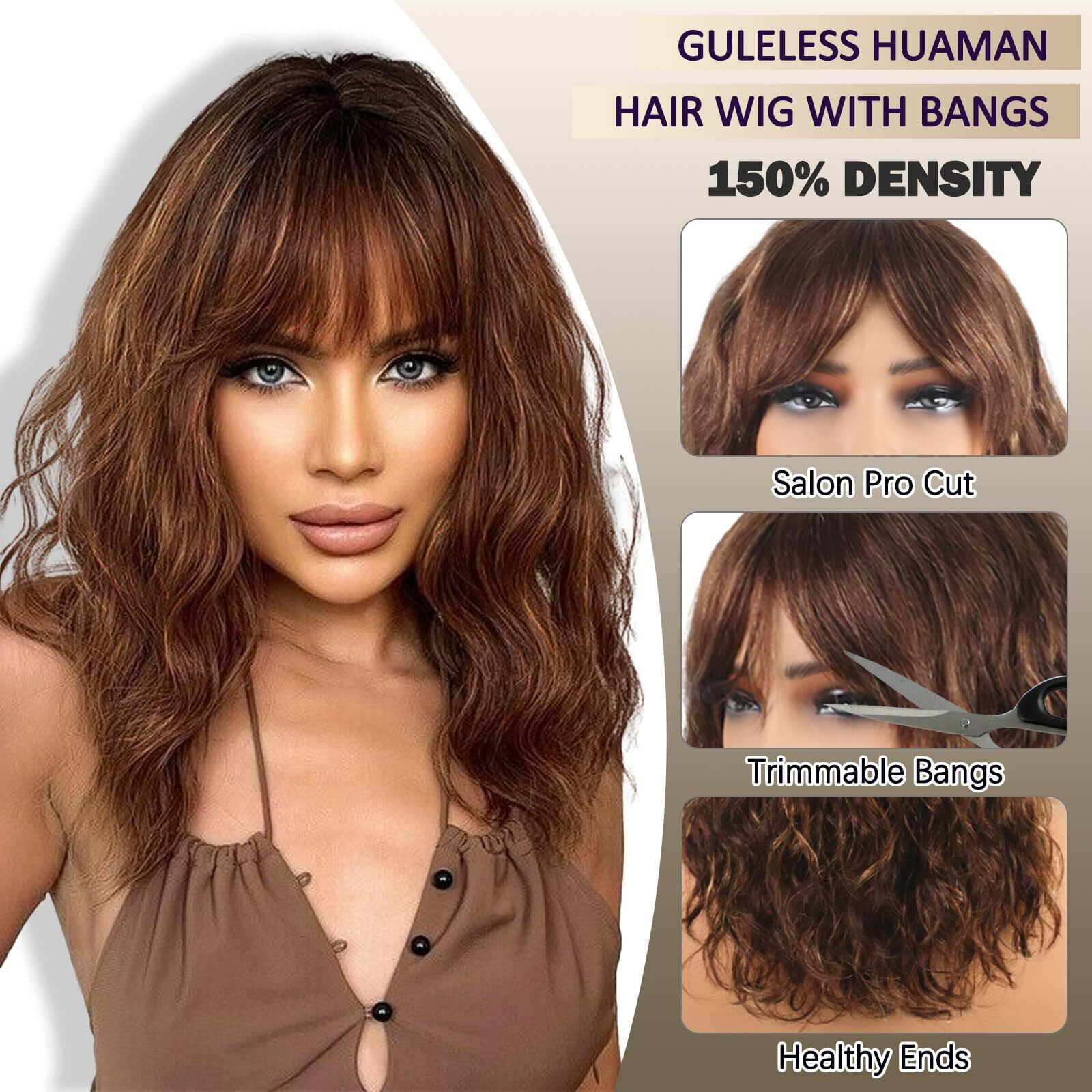 Body Wave Wigs With Bangs Human Hair Wig For Black Women Ombre None Lace Wear And Go Glueless Wig 150% Density Brown Highlight Machine Made Brazilian Virgin Human Hair Wigs(14 Inch,Fs4/27)