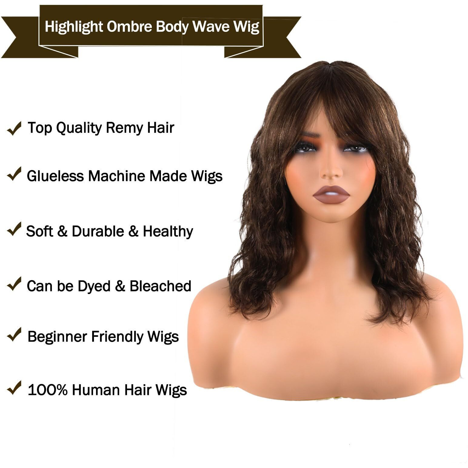 Body Wave Wigs With Bangs Human Hair Wig For Black Women Ombre None Lace Wear And Go Glueless Wig 150% Density Brown Highlight Machine Made Brazilian Virgin Human Hair Wigs(14 Inch,Fs4/27)