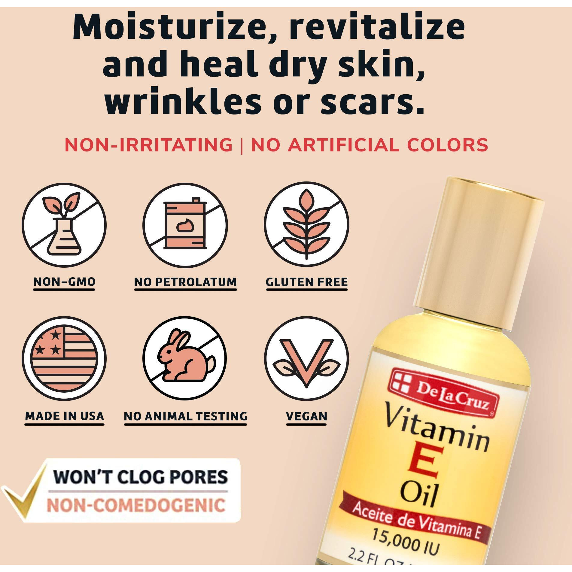 De La Cruz Vitamin E Oil, Vitamin E Oil With Safflower For Skin, Hair, Face And Body, 2.2 Fl. Oz. (6 Bottles)