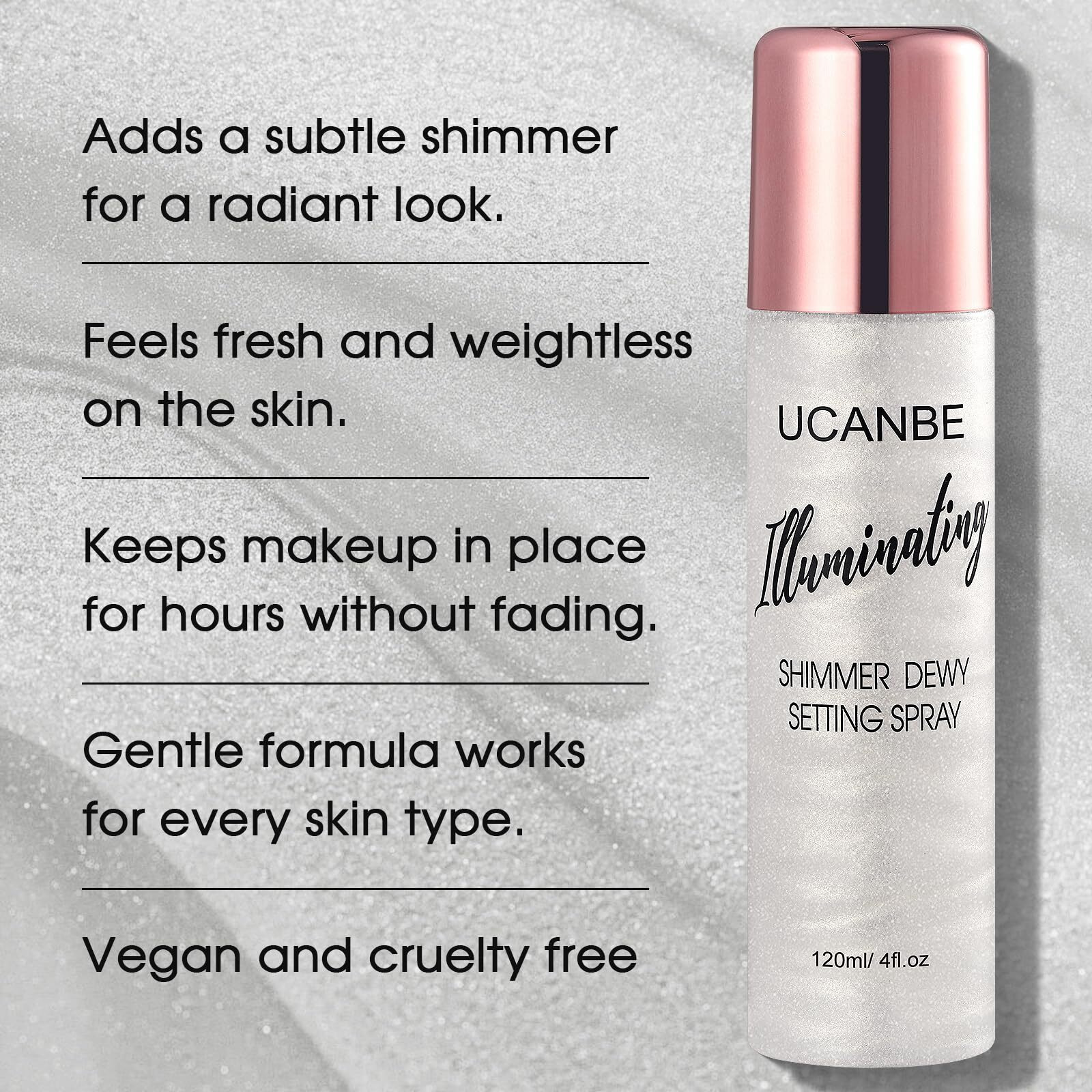 Ucanbe Shimmer Dewy Setting Spray - Glowing + Makeup Setting Spray 2 In 1 Lightweight Formula For A Radiant Glow,Long-Lasting Face Mist For Face Body, 4 Fl Oz Silver