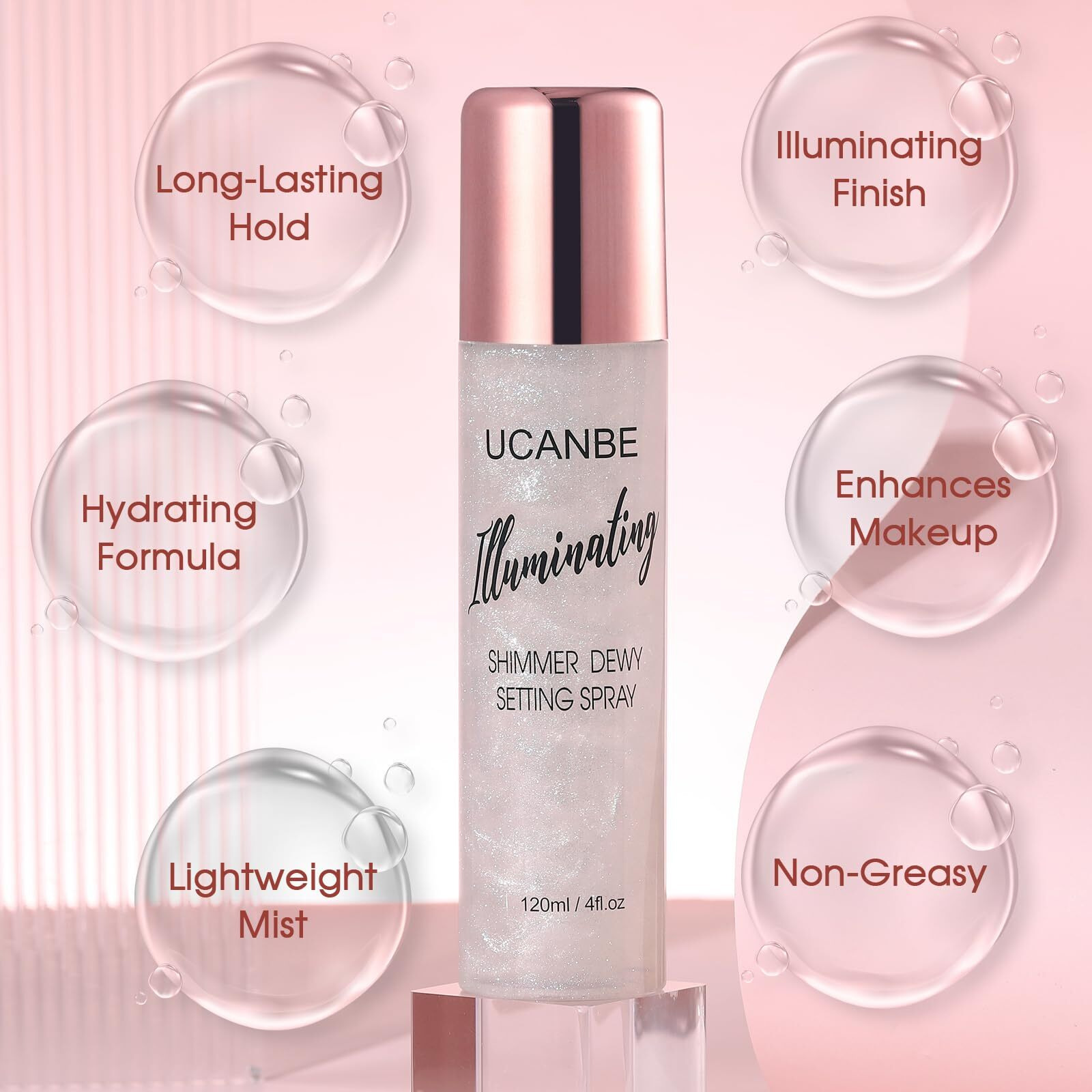 Ucanbe Shimmer Dewy Setting Spray - Glowing + Makeup Setting Spray 2 In 1 Lightweight Formula For A Radiant Glow,Long-Lasting Face Mist For Face Body, 4 Fl Oz Silver