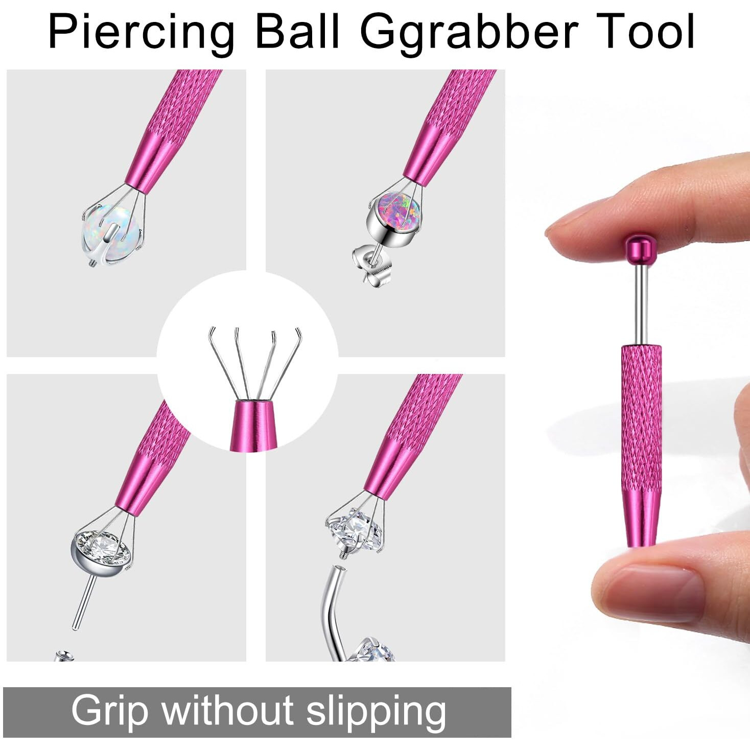 Vojo Piercing Ball Grabber Tool Kit 16G,18G Stainless Steel Flat Back Earrings Applicator With Threaded & Threadless Insertion Pins For Ear Nose Lip Body Jewelry Changes (Silver+Pink+Rose Gold Ball Grabber Tool)