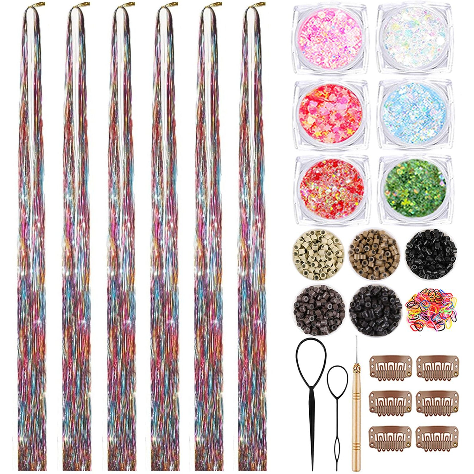 Rainbow Hair Tinsel Kit With Body Glitter 48 Inch 3000 Strands Glitter Tinsel Hair Extensions With Tools Fairy Hair Accessories, Suitable For Festivals And Daily Use (Rainbow Hair Tinsel Kit)