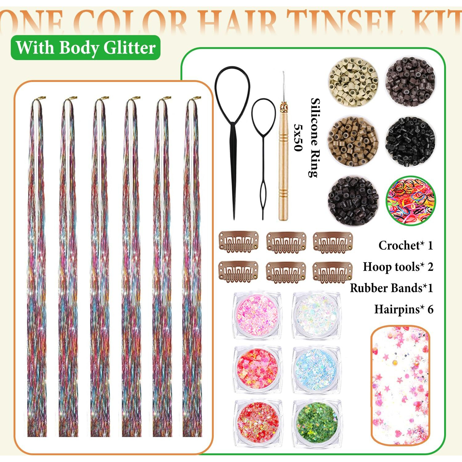 Rainbow Hair Tinsel Kit With Body Glitter 48 Inch 3000 Strands Glitter Tinsel Hair Extensions With Tools Fairy Hair Accessories, Suitable For Festivals And Daily Use (Rainbow Hair Tinsel Kit)