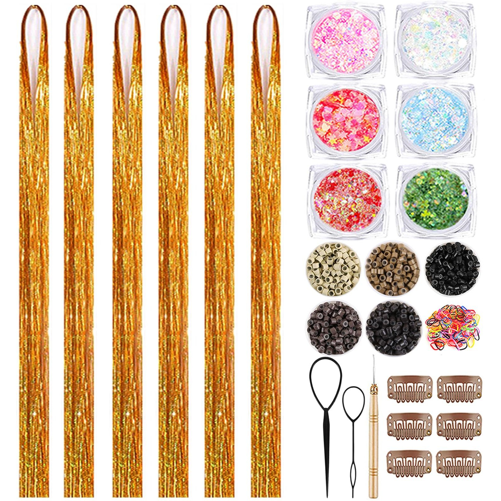 Gold Hair Tinsel Kit With Body Glitter 48 Inch 3000 Strands Glitter Tinsel Hair Extensions With Tools Fairy Hair Accessories, Suitable For Festivals And Daily Use (Champagne Gold Hair Tinsel Kit)