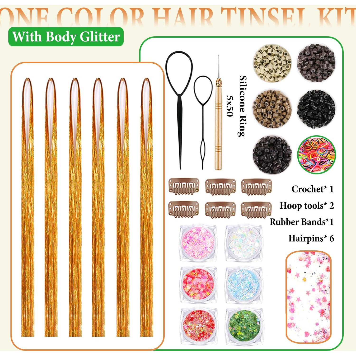 Gold Hair Tinsel Kit With Body Glitter 48 Inch 3000 Strands Glitter Tinsel Hair Extensions With Tools Fairy Hair Accessories, Suitable For Festivals And Daily Use (Champagne Gold Hair Tinsel Kit)