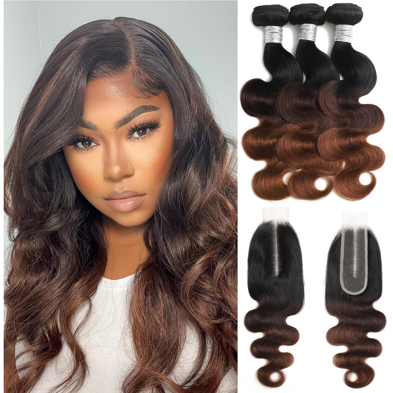 Anmetan 1B/2/30 Ombre Bundles With 2X6 Closure Body Wave Human Hair 16/18/20+16 In, 12A Chestnut Brown 2X6 Hd Lace Closure Deep Part Closure And 3 Bundles Soft Glossy 3 Tone Weave Wavy With Dark Roots