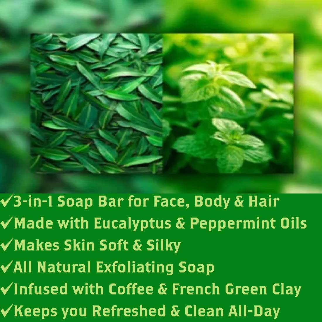 Olivia Care Coffee Exfoliating Bar Soap 3-In-1 Pack Multi Use For Hair, Face & Body 100% Natural & Organic - Infused With Eucalyptus & Mint Essential Oils- Deep Clean, Hydrating - 2 X 5 Oz