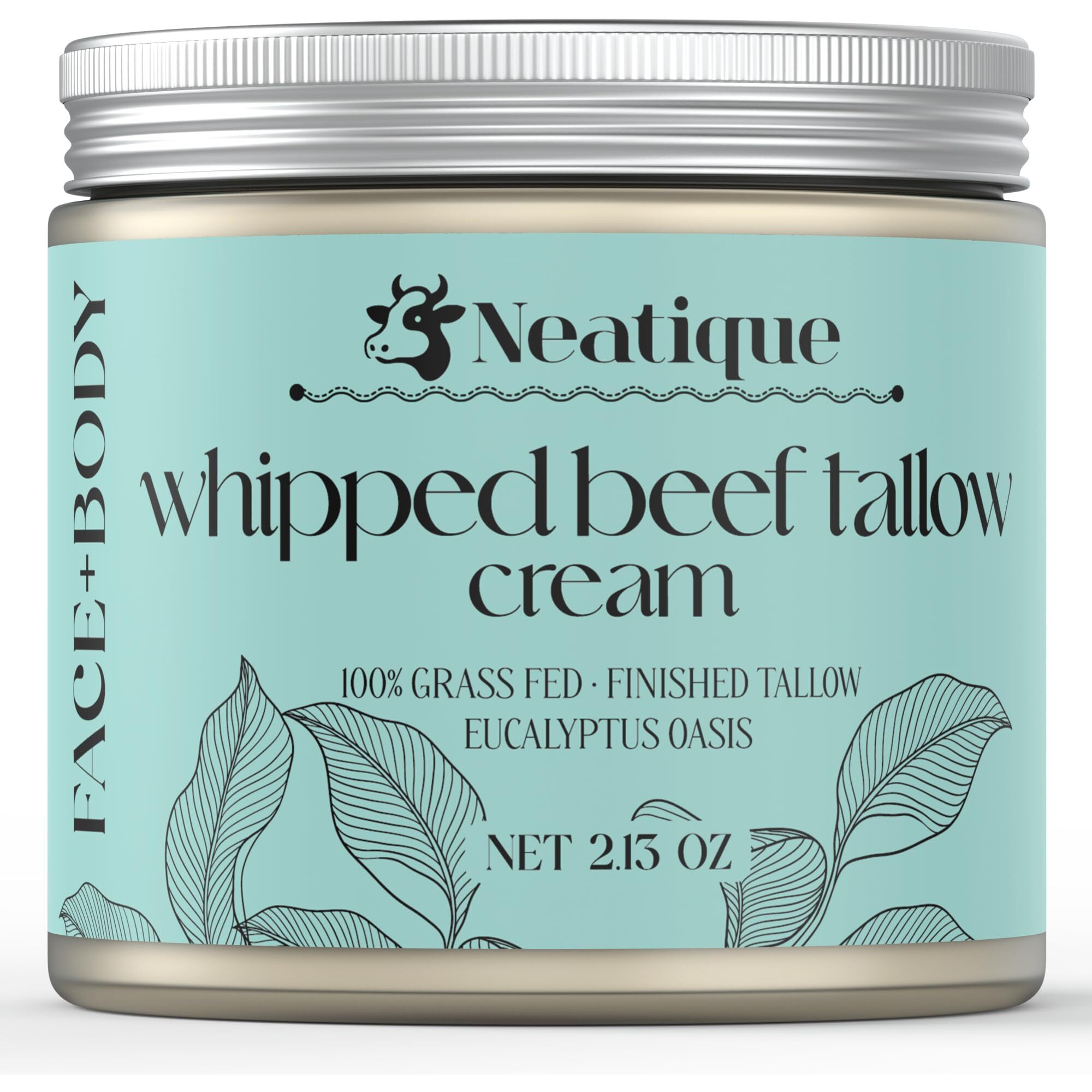Neatique 100% Grass Fed Beef Tallow For Skin Care Face & Body | Whipped Moisturizer For Skin | With Organic Beeswax & Organic Honey Balm | All Natural Formula, 2.13Oz (Eucalyptus)