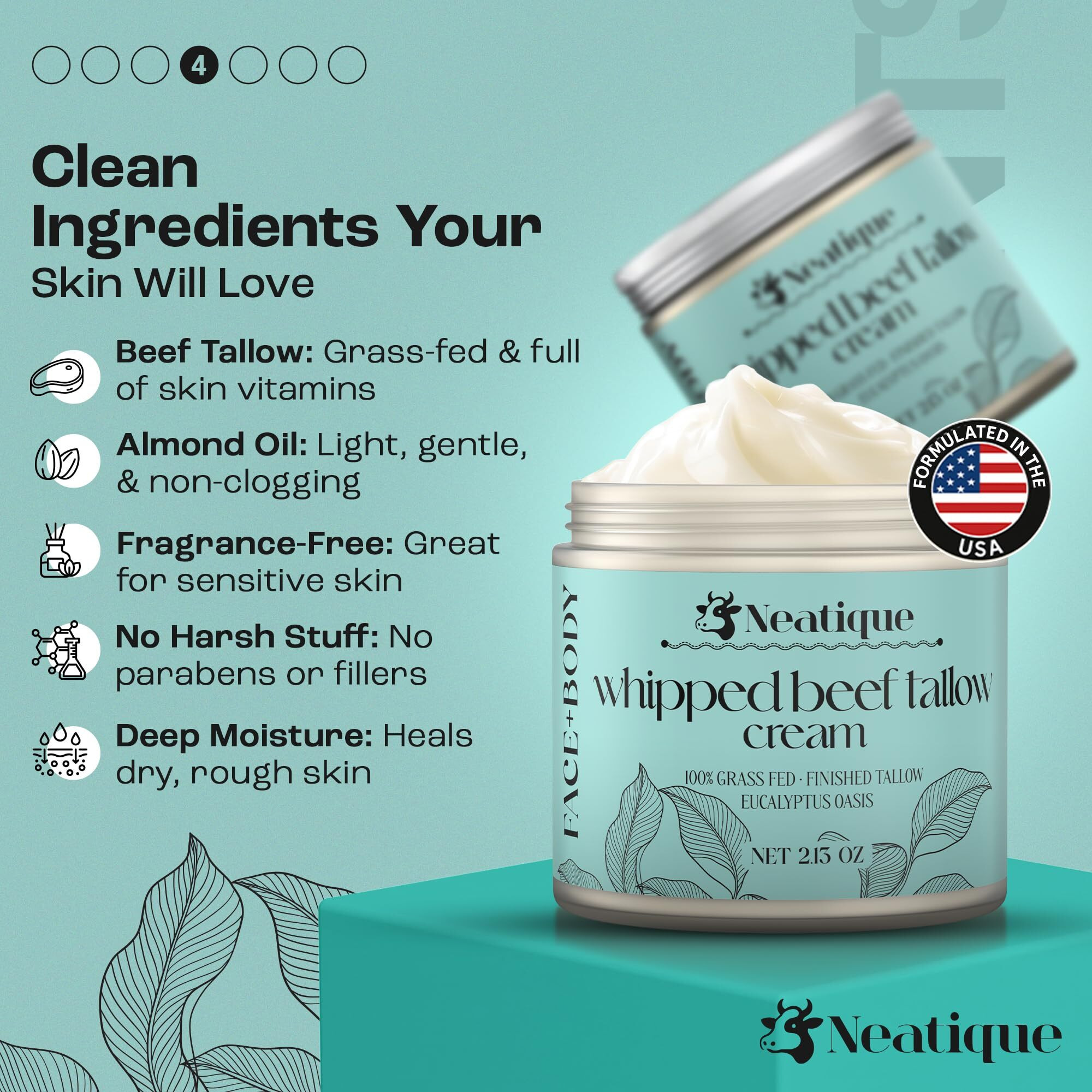 Neatique 100% Grass Fed Beef Tallow For Skin Care Face & Body | Whipped Moisturizer For Skin | With Organic Beeswax & Organic Honey Balm | All Natural Formula, 2.13Oz (Eucalyptus)