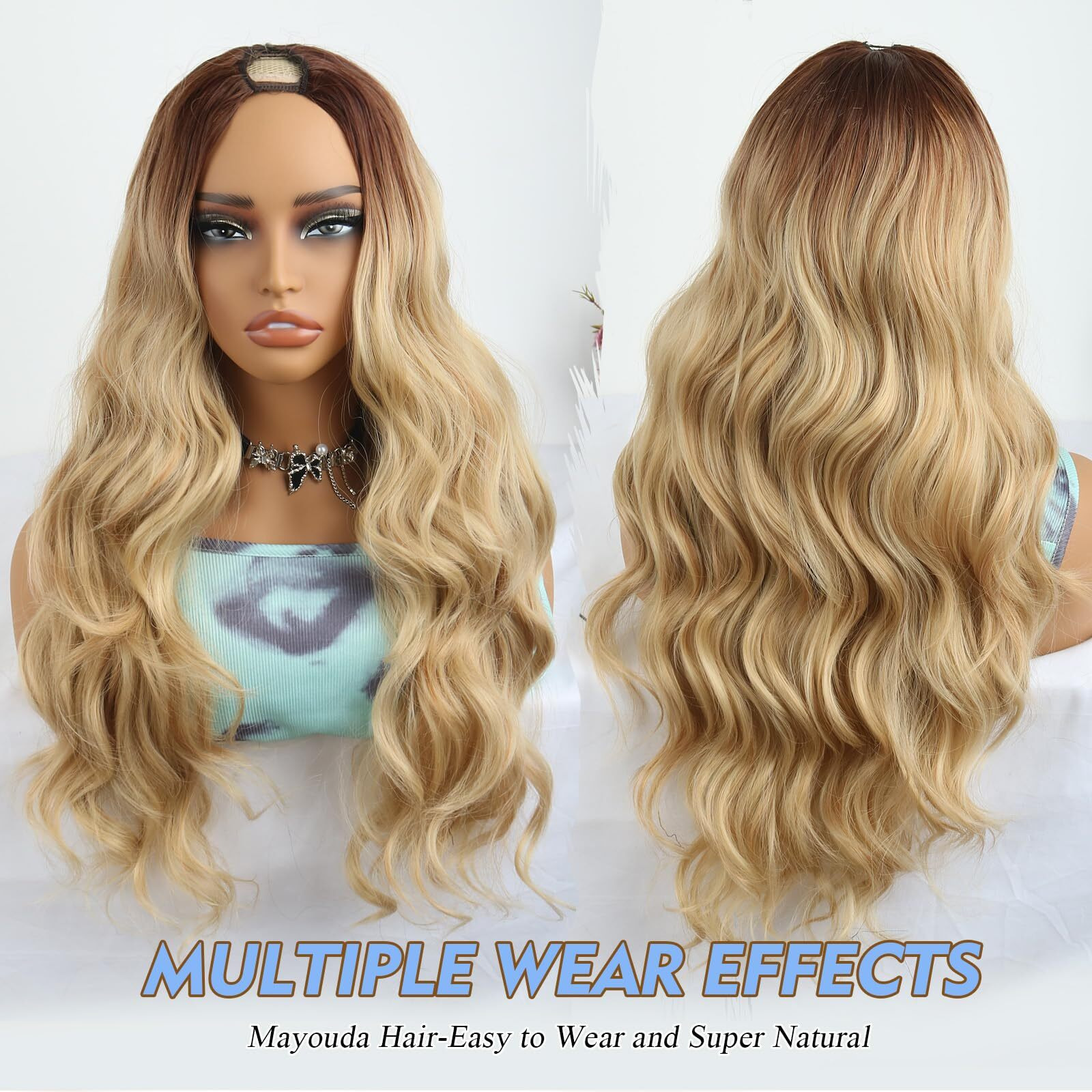 Mayouda V Part Wig Long Body Wavy Upgrade U Part Synthetic Hair For Black Women 24Inch Light Blonde With Brown Root Full Head Clip In Hair Glueless Women Wigs(Light Blonde With Brown Root)
