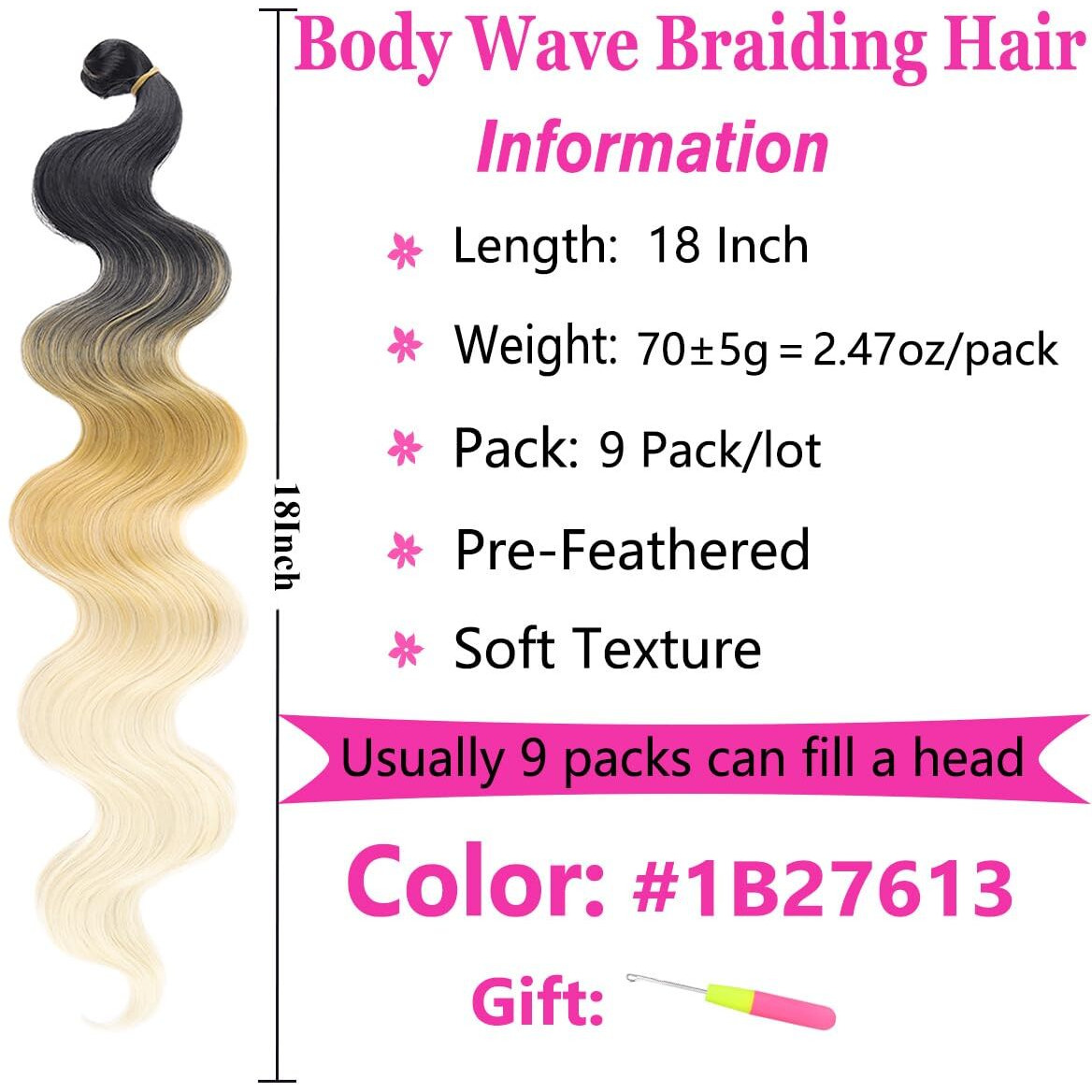 Cookoo 18 Inch Body Wave Braiding Hair 9 Packs Pre-Feathered 3 Tones Bouncy Braiding Braids Hair French Curl Crochet Braids For Boho Box Braids Synthetic Hair Extensions(1B/27/613)
