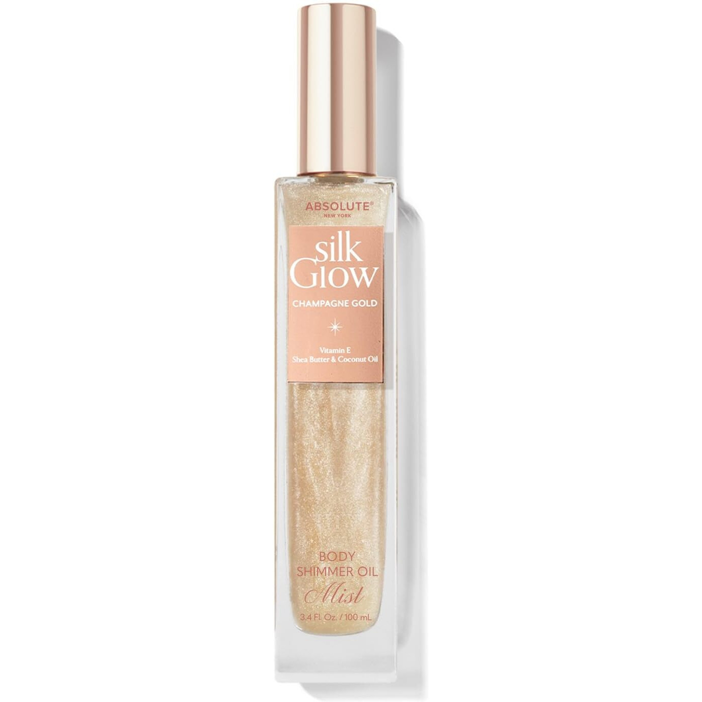 Absolute New York - Silk Glow Shimmer Mist Glow, Radiant, Shimmer Oil Body & Face & Hair, Shea Butter, Coconut Oil, Vitamin E (Sbgs03 Champagne Gold Mist, 3.4 Oz)