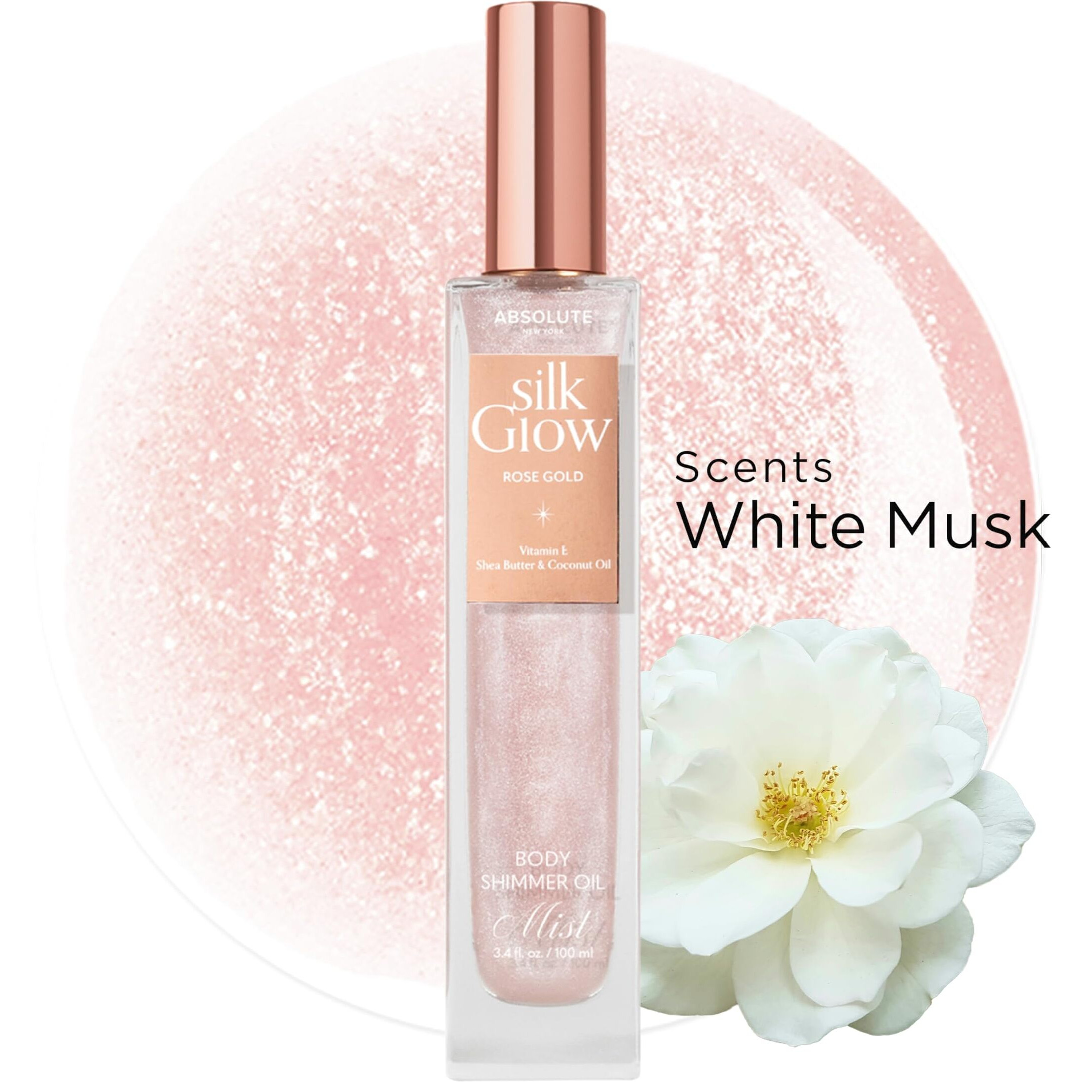 Absolute New York - Silk Glow Shimmer Mist Glow, Radiant, Shimmer Oil Body & Face & Hair, Shea Butter, Coconut Oil, Vitamin E (Sbgs03 Champagne Gold Mist, 3.4 Oz)