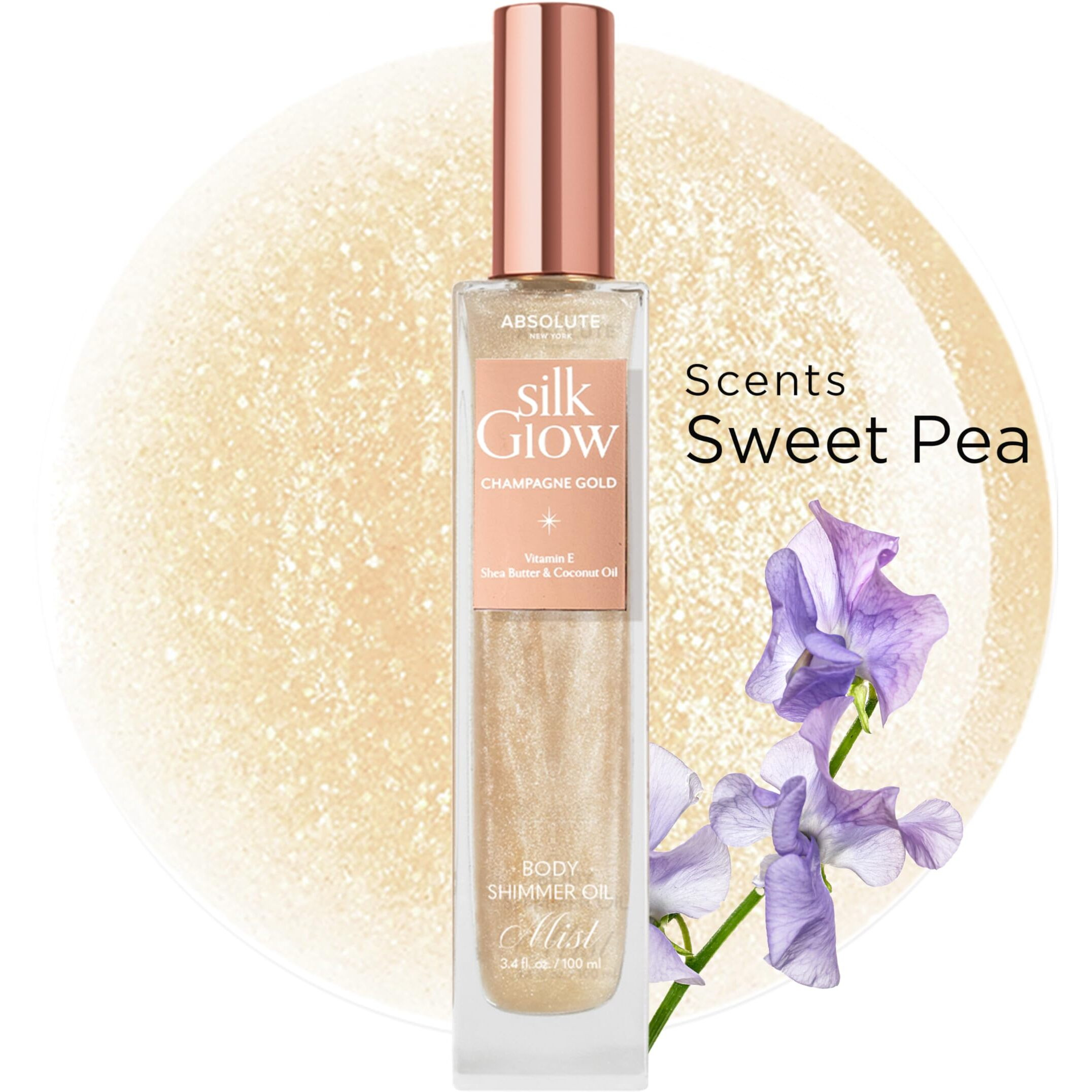 Absolute New York - Silk Glow Shimmer Mist Glow, Radiant, Shimmer Oil Body & Face & Hair, Shea Butter, Coconut Oil, Vitamin E (Sbgs03 Champagne Gold Mist, 3.4 Oz)